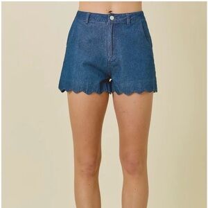 Blue Scalloped Hem Women Shorts